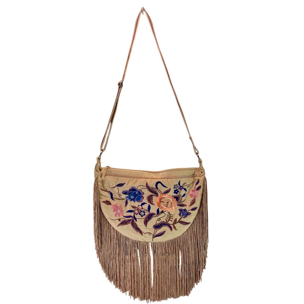 LaBellum By Hillary Scott Embroidered Beaded Floral Fringe Crossbody Bag NEW
